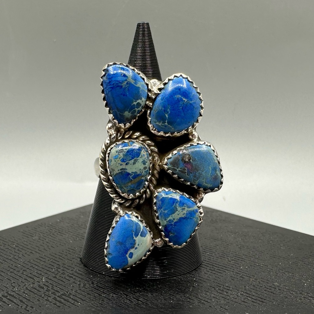 Blue Sea Sediment Jasper Sterling Silver 925 Half Cluster Handmade Ring